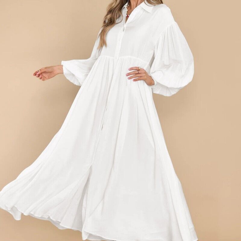 7826  Women's Casual Plain Button Lapel Pleated Long Sleeve Maxi Dress
