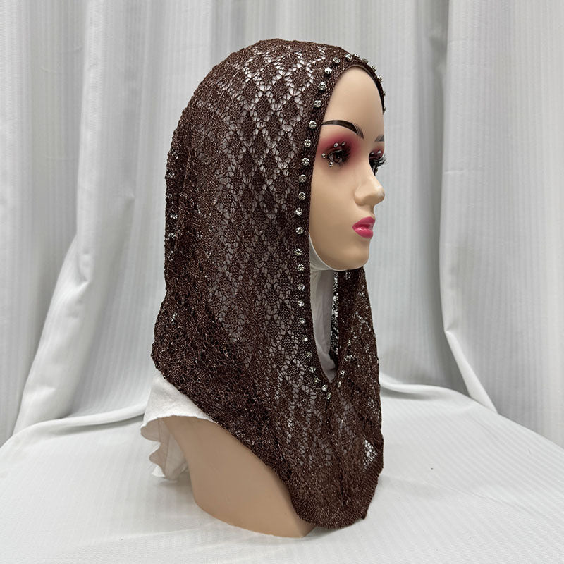 2133-895  Crystal-studded Shiny Thread Breathable Hollow-out Hijab Cap