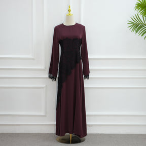 LR1174  Plus size lace panel long sleeve waist-cinching dress
