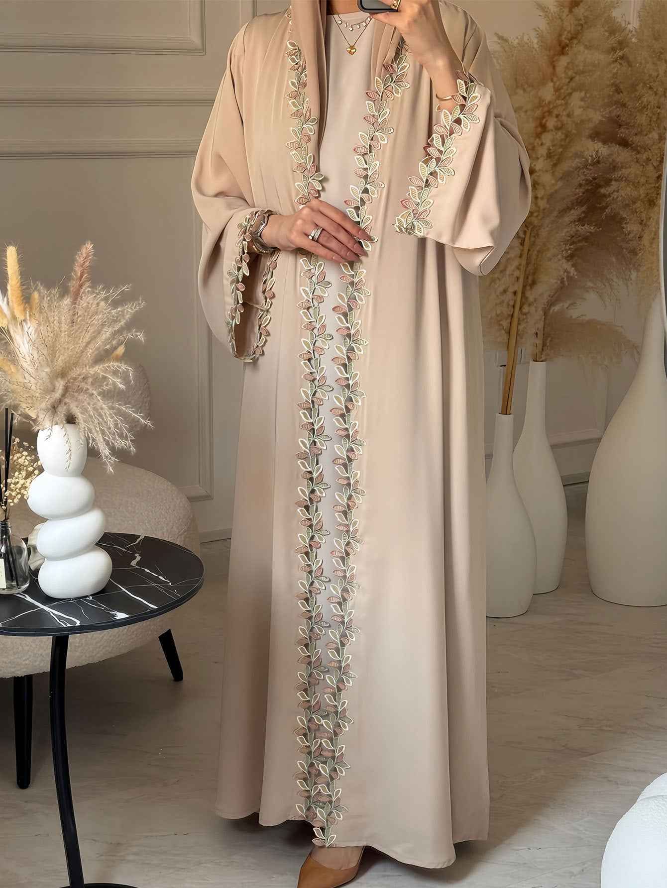 216  Lace-Trimmed Abaya Dress