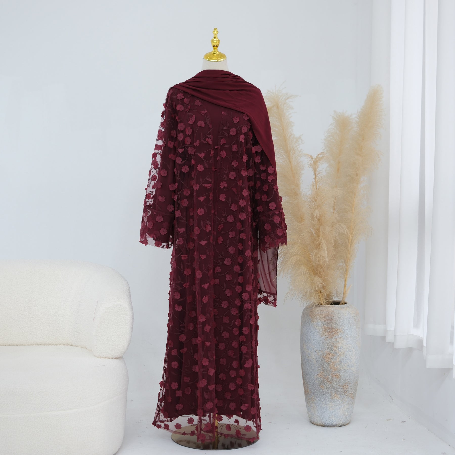 LR1189  3D Floral Open Abaya + Nida Inner Layer + Hijab Set