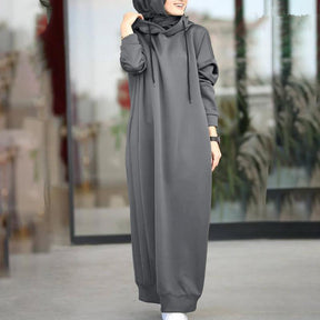 AL665524524845 solid color muslim abaya plush hoodie dress