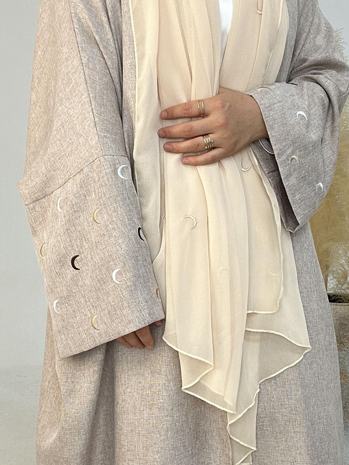 YLCX  Plain elegant long dress – cardigan style, moon embroidery