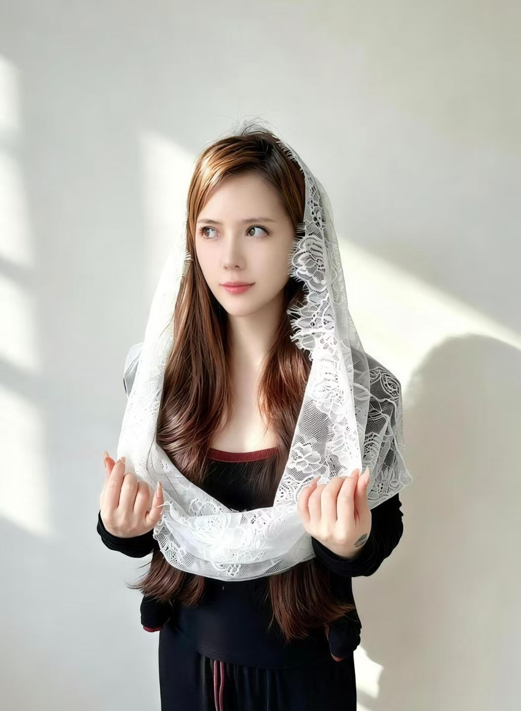 JY0160  Plain Black and White Two Tone Lace Embroidered Hijab