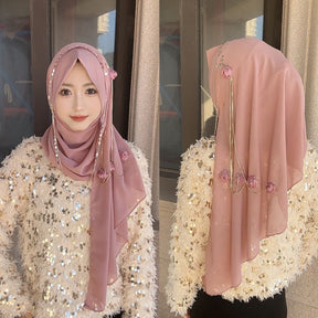 HZ001  Rose Tassel Chain Chiffon Pull-On Wrap Hijab