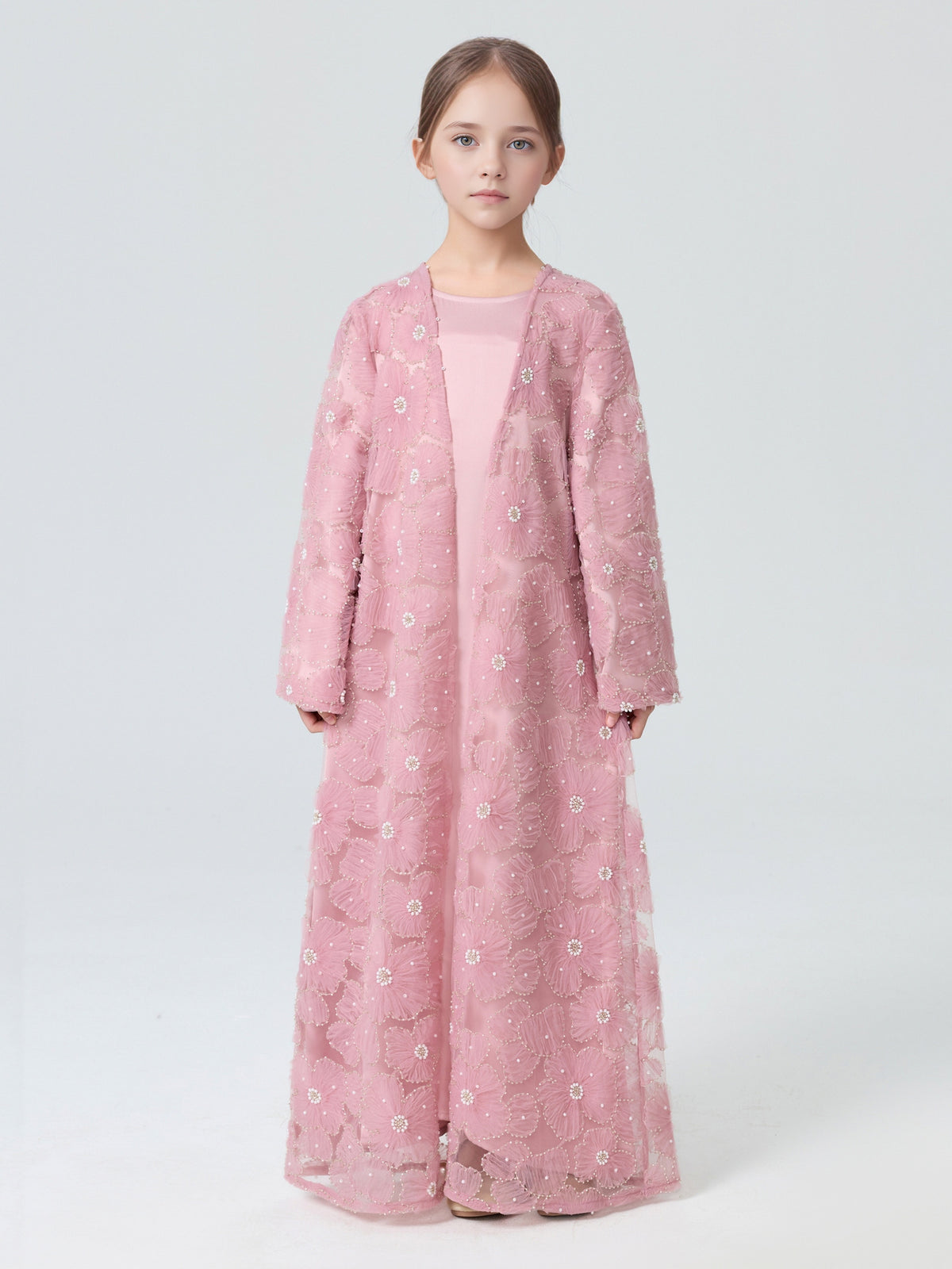 MK2653  Child‘s 2-Piece Set: Tulle Floral Bead Jacket and Satin Slip Dress