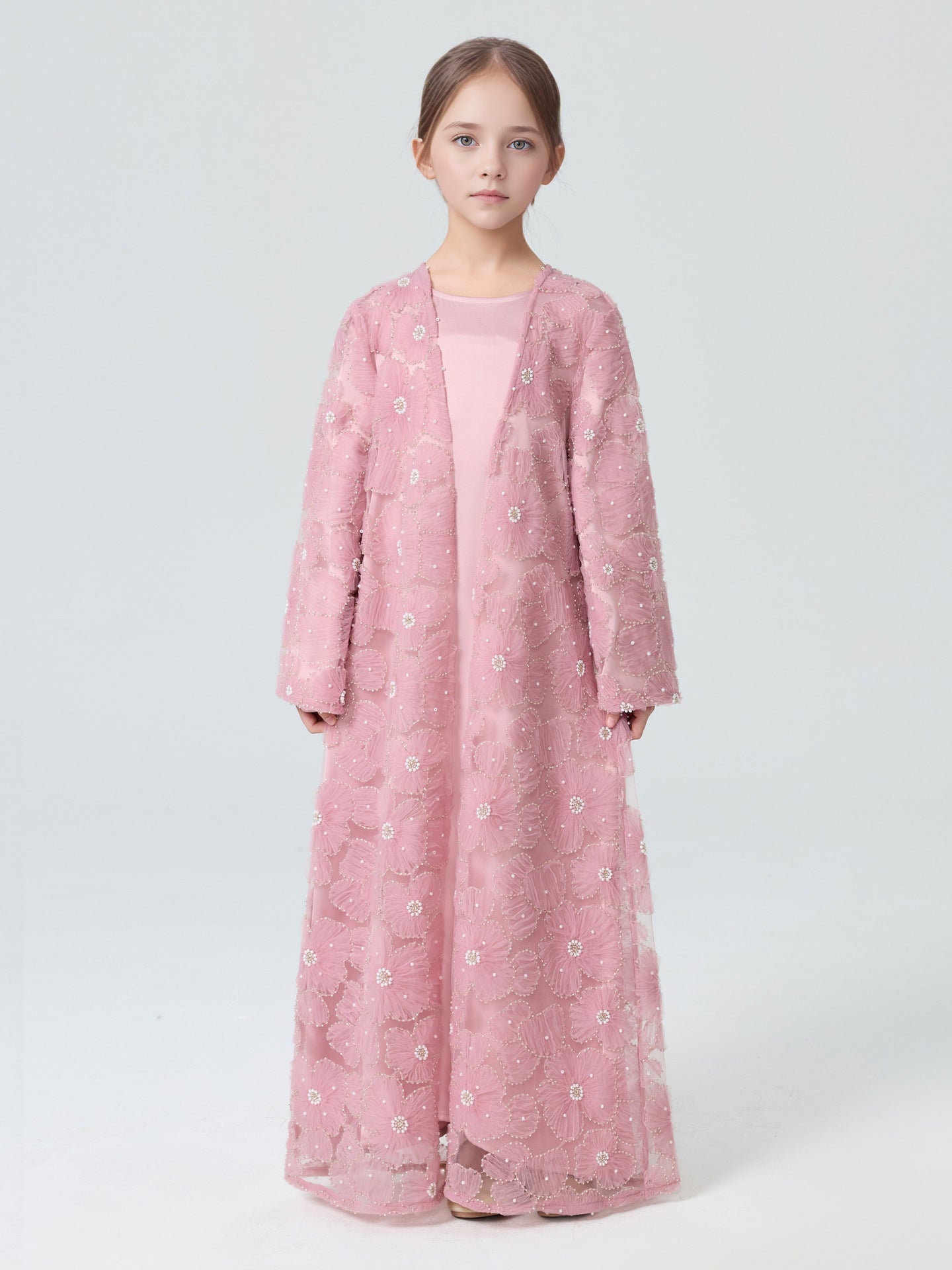 MK2653  Child‘s 2-Piece Set: Tulle Floral Bead Jacket and Satin Slip Dress