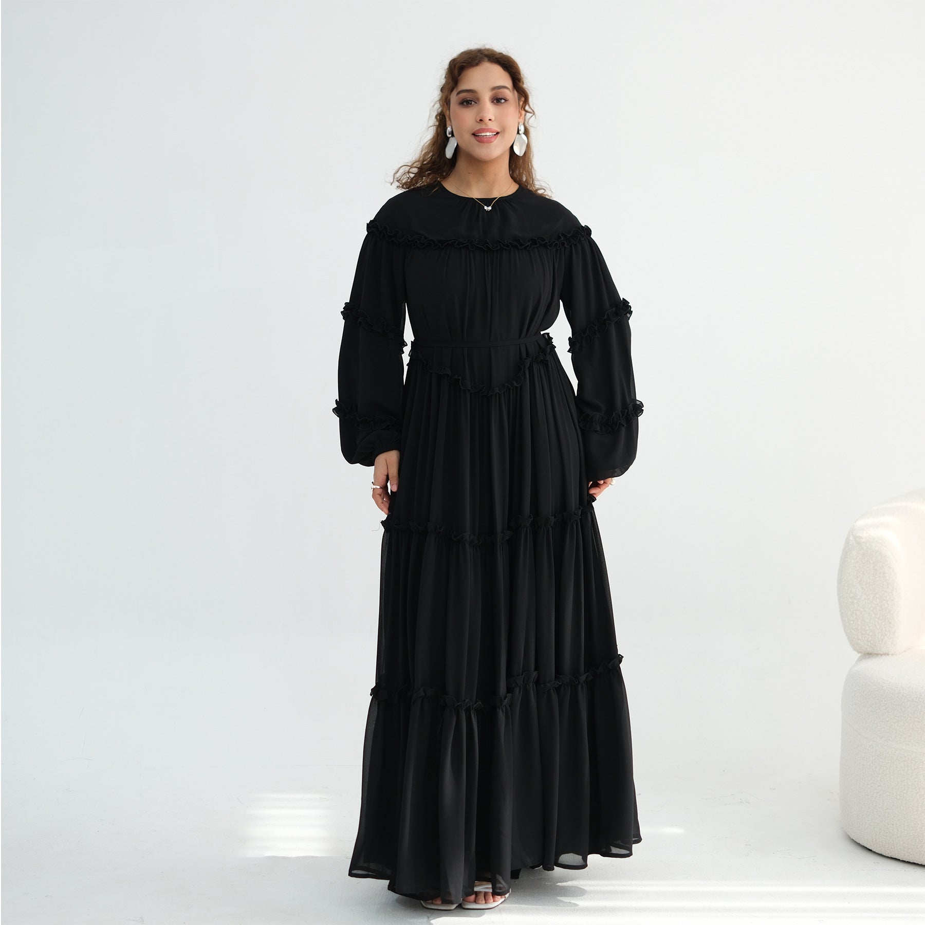 LR1161  Long Sleeve Tiered Ruffle Double Layer Dress