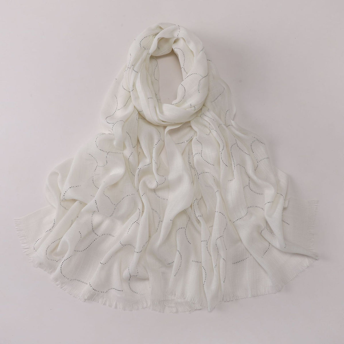 260602  Plain Soft Bamboo-Texture Yarn Short Fringe Hot-Fix Crystal Hijab