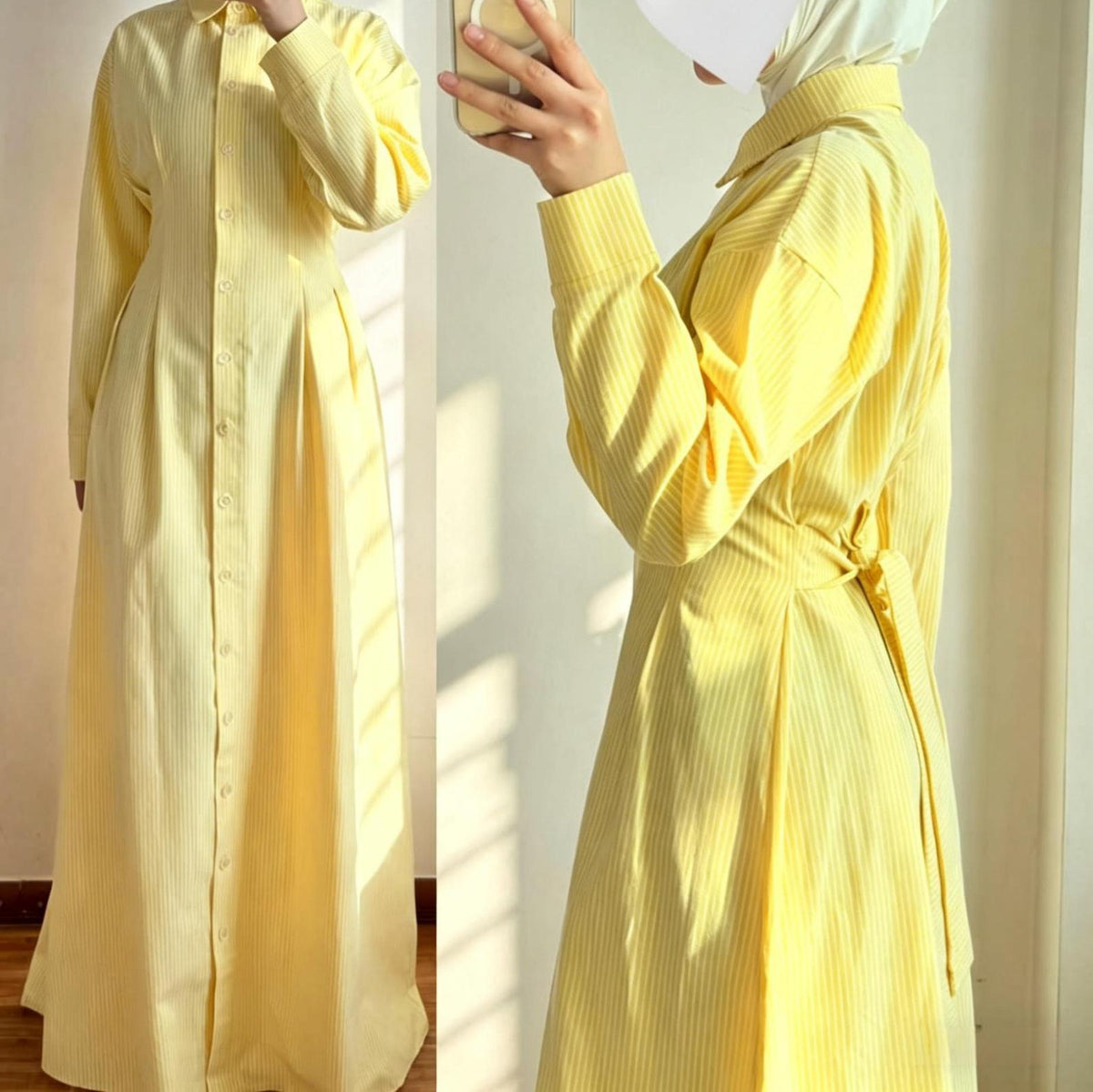 B2633  Striped Single-Breasted Long Sleeve Cinch Waist Shirt Dress Abaya