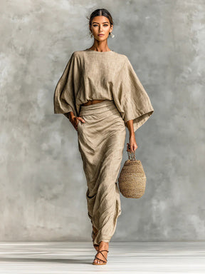 TJ7022  Autumn Crewneck Long Sleeve Top & High Waist Maxi Skirt Abaya Set