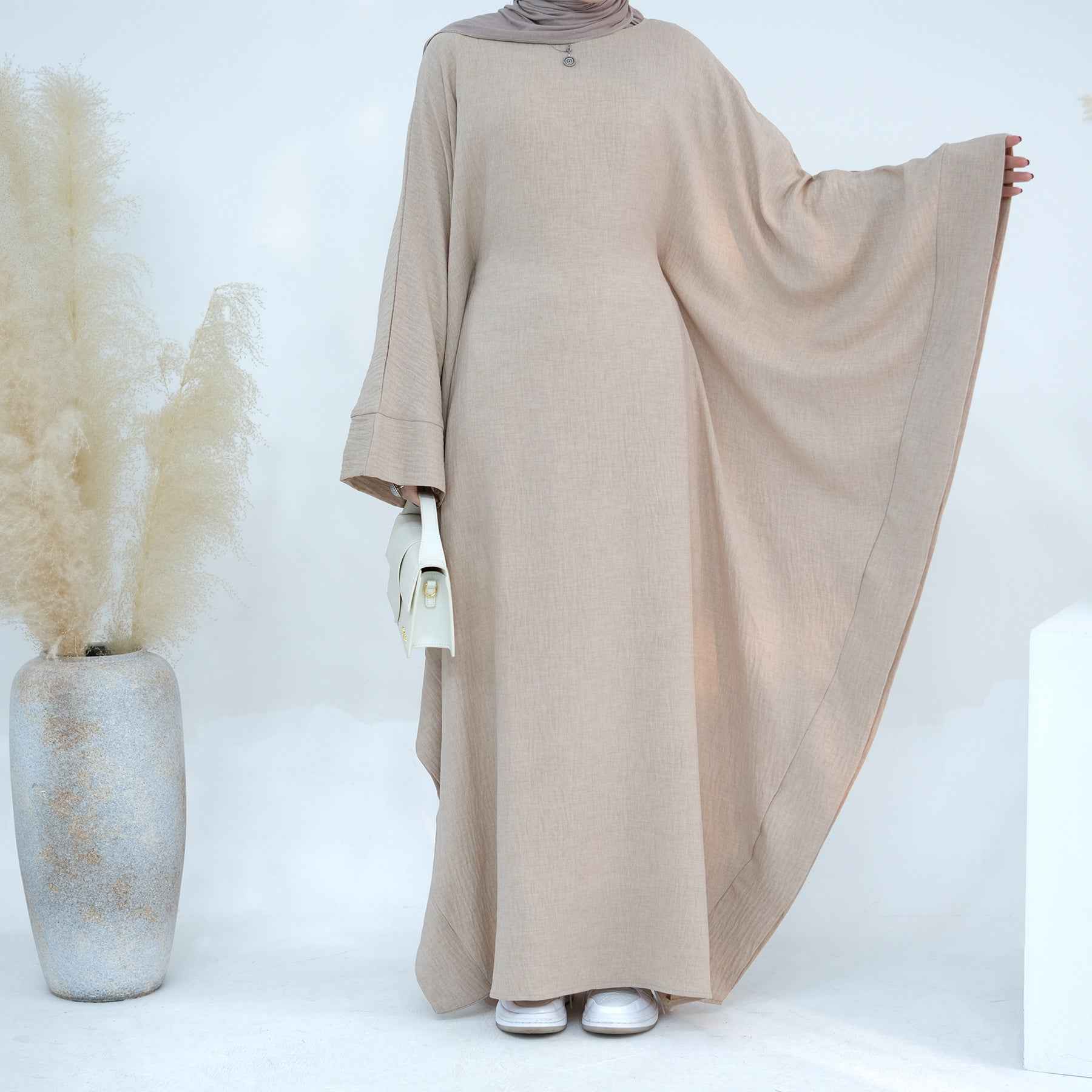 LR719 Abaya Dress with Draped Waist & Batwing Sleeves