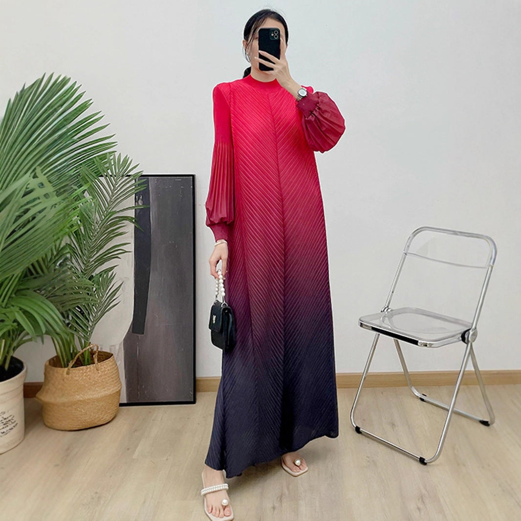 1169240391  Ombre Polyester Crinkle Lantern Sleeve Long Dress