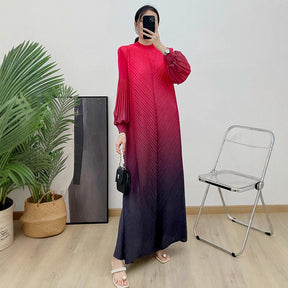 1169240391  Ombre Polyester Crinkle Lantern Sleeve Long Dress