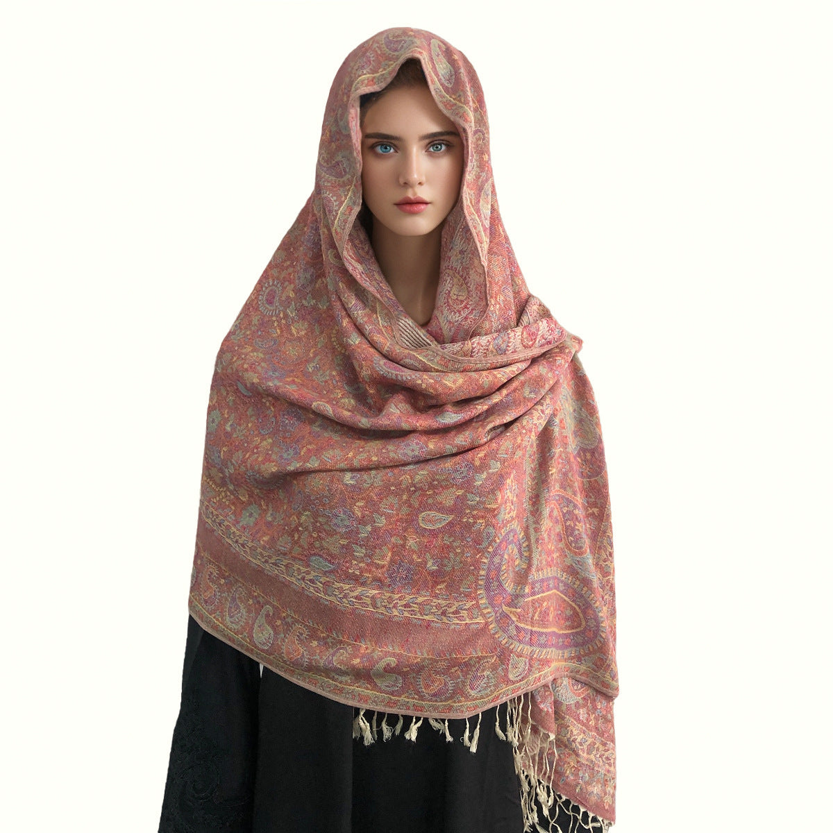 WJ005  Faux Cashmere Paisley Embroidered Tassel Scarf