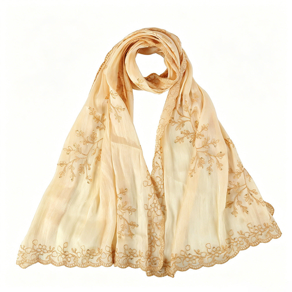 WJ115  Plain Embroidered Scallop Edge Sea Island Silk Hijab