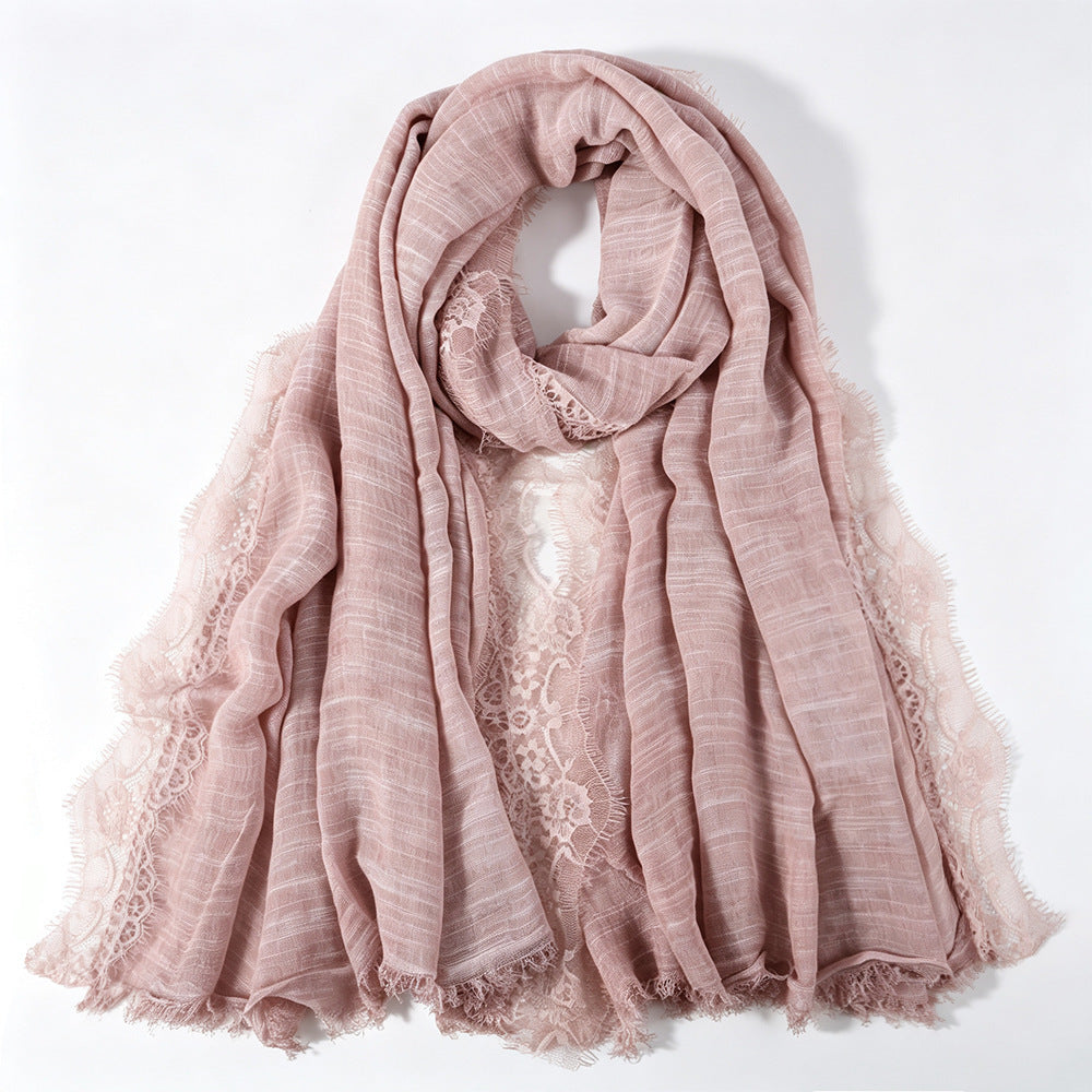 YC007  Plain Polyester Crinkle Lace Panel Fringe Hijab