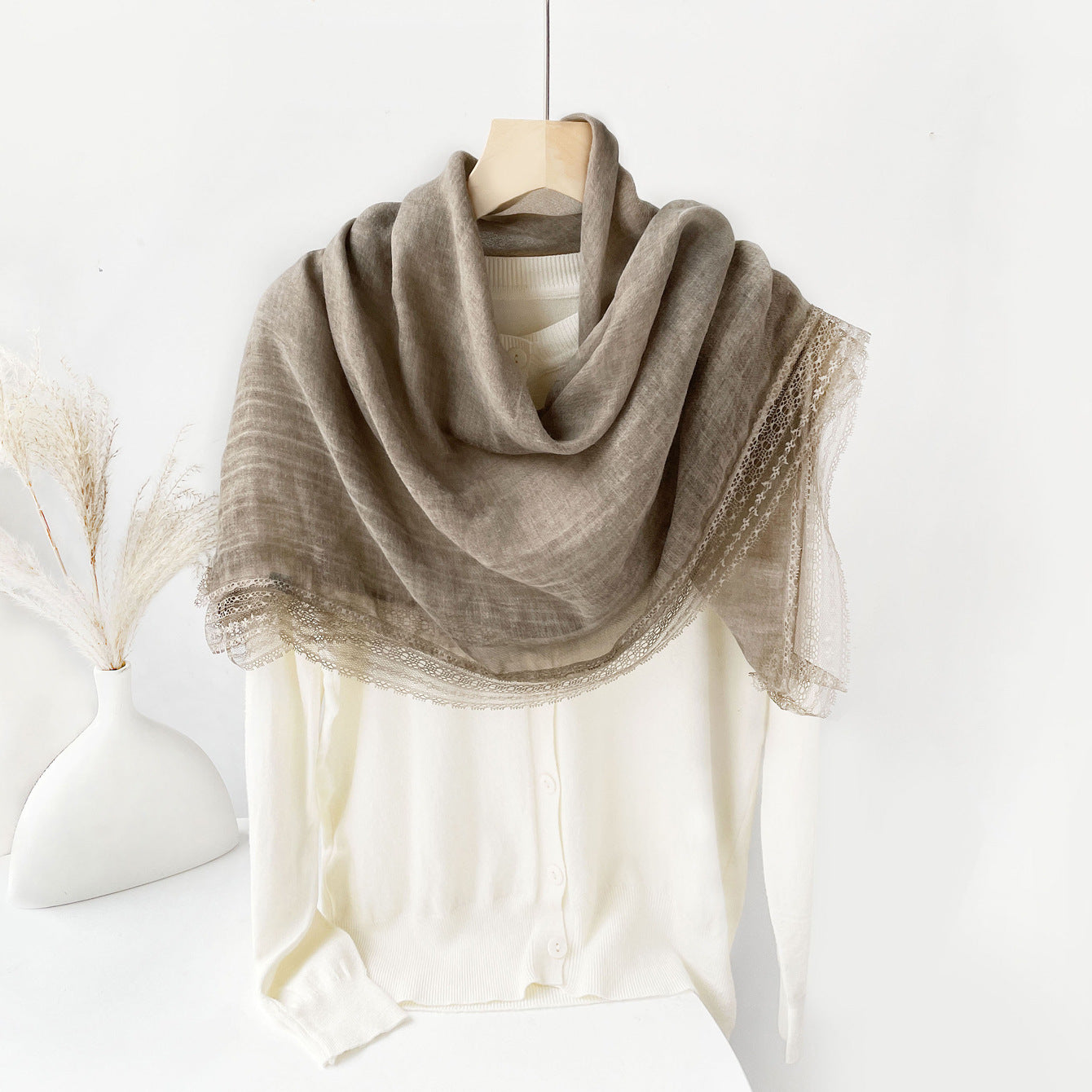 SS006  Plain Lightweight Lace Trim Polyester-Cotton Square Scarf