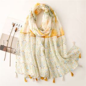 SL2202-009  Women's Ethnic Cotton Linen Feel Scarf with Wheat Ears Tassels