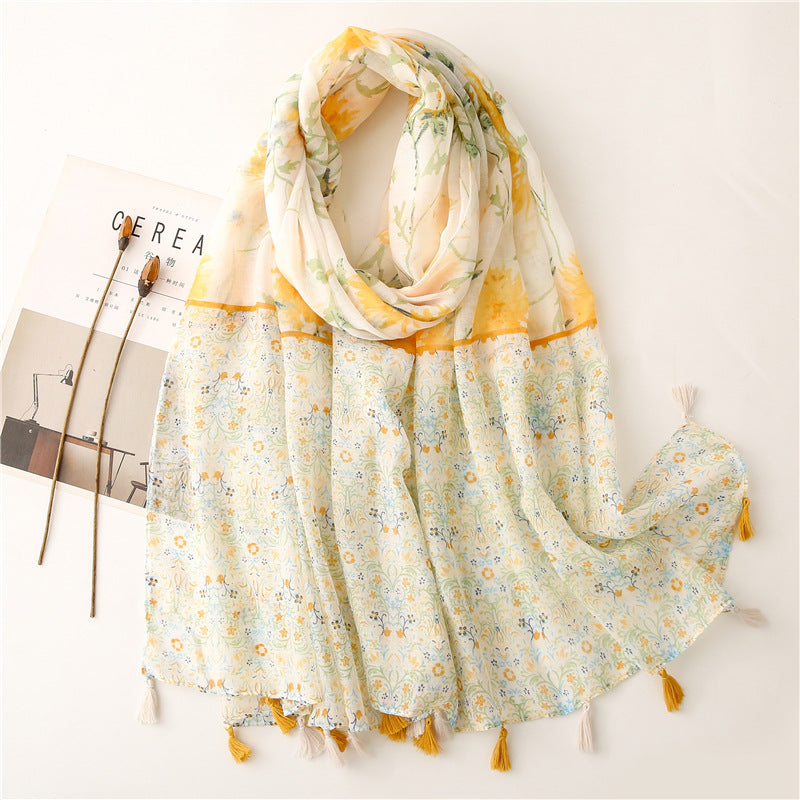 SL2202-009  Women's Ethnic Cotton Linen Feel Scarf with Wheat Ears Tassels