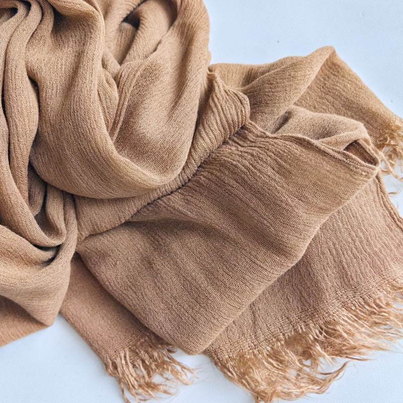 WJA79  Plain natural crinkle cotton hijab with fringes on both ends