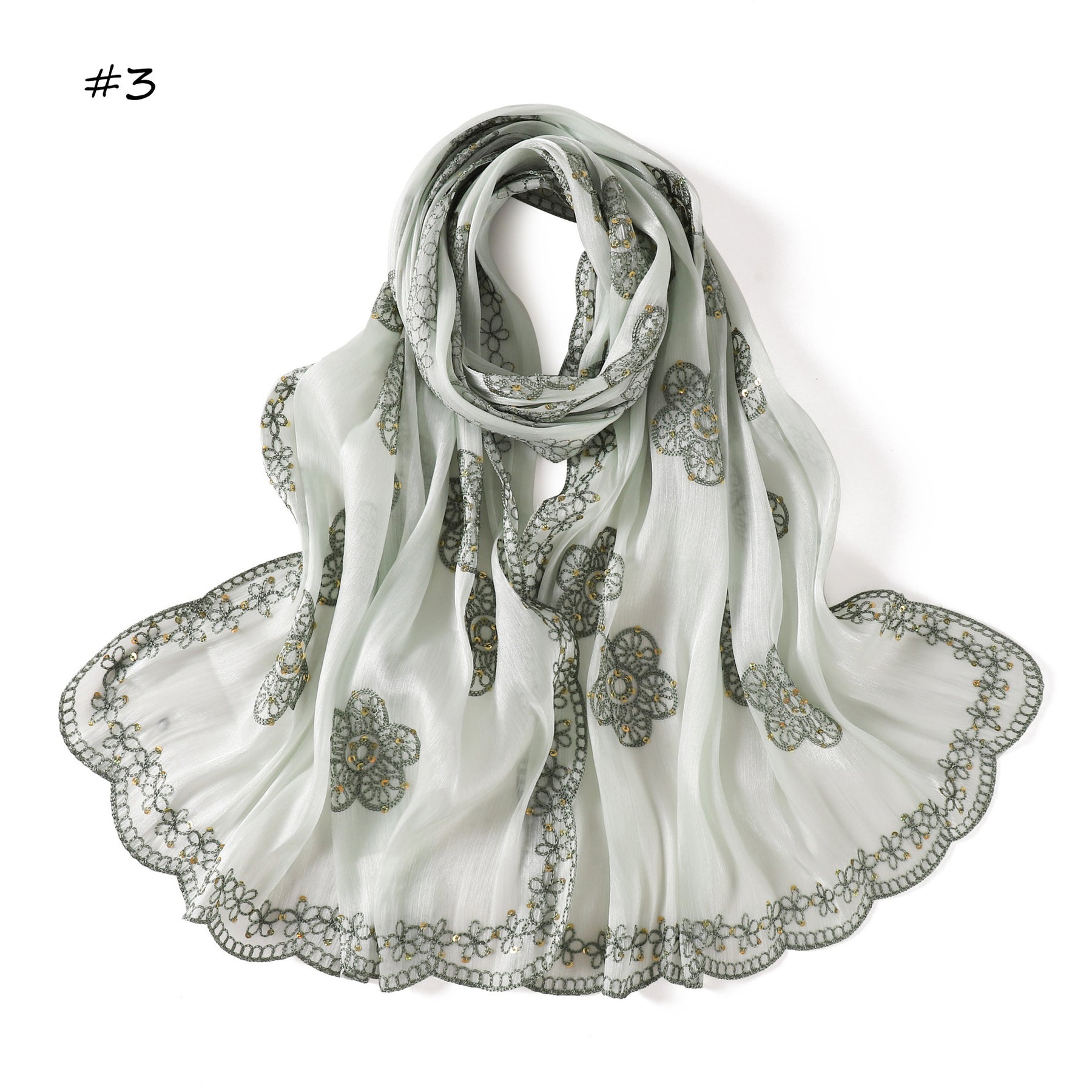 YZ343  Sequin Floral Embroidered Lace Trim Breathable Hijab