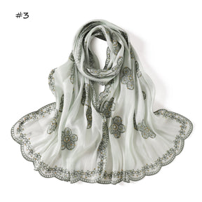 YZ343  Sequin Floral Embroidered Lace Trim Breathable Hijab