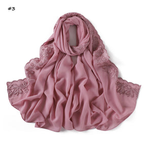 YZ315  Plain Chiffon Butterfly Embroidery Pearl Lace Hijab