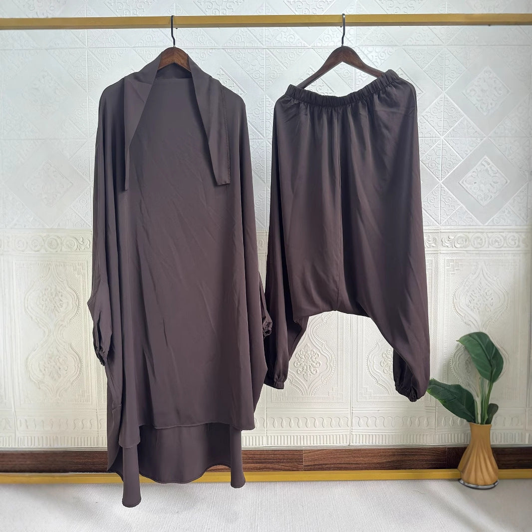 P103  Plain 2-Piece Loose Long Sleeve Top Hijab and Tied Pants Set