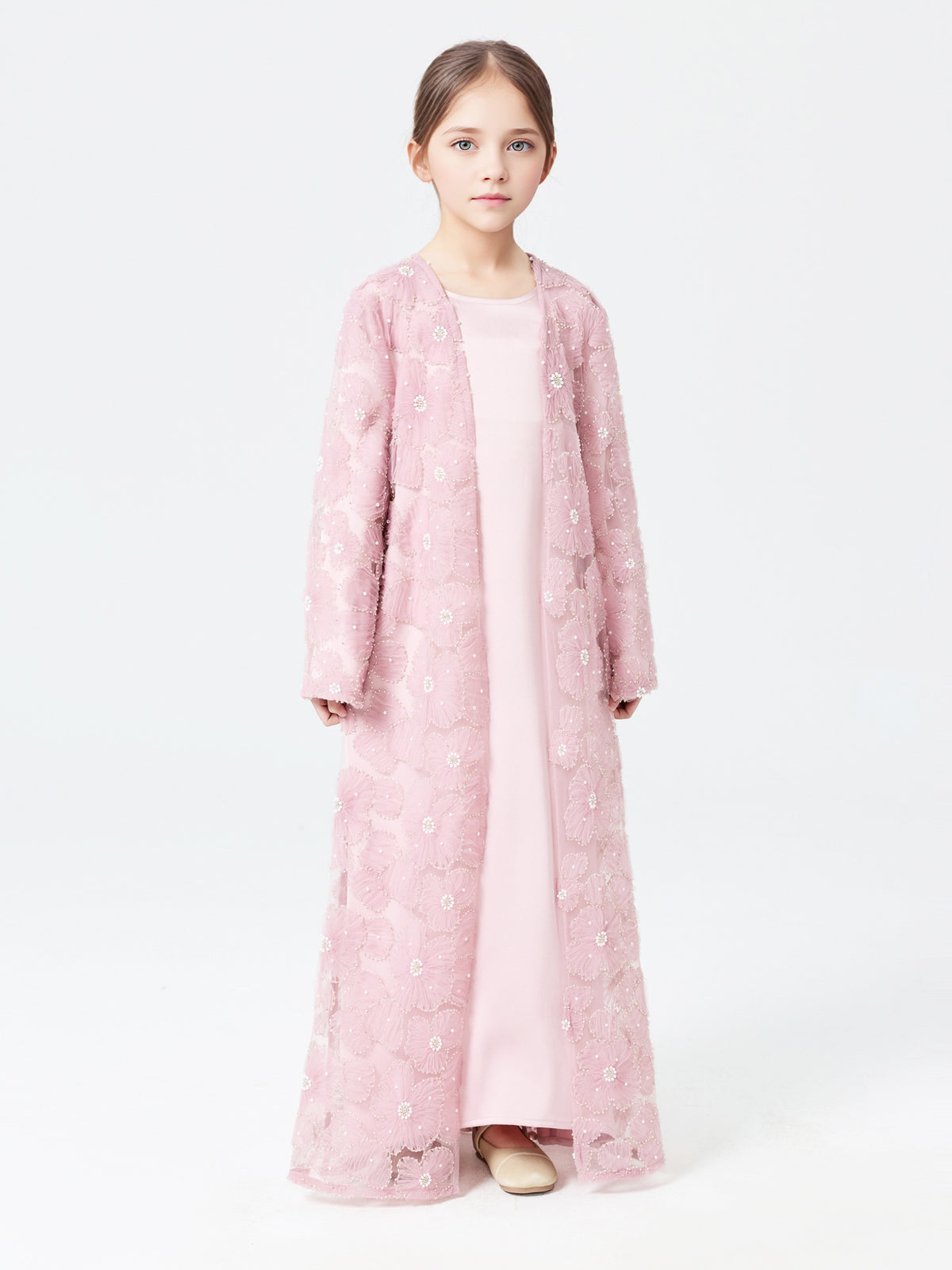 MK2653  Child‘s 2-Piece Set: Tulle Floral Bead Jacket and Satin Slip Dress