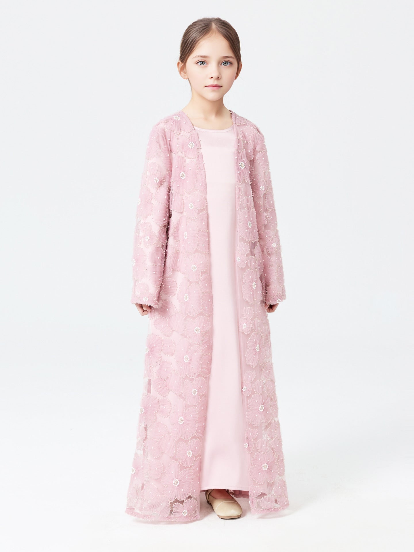 MK2653  Child‘s 2-Piece Set: Tulle Floral Bead Jacket and Satin Slip Dress