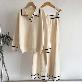 6676  Women's Autumn Contrast Color Lapel Jersey Two-Piece Set
