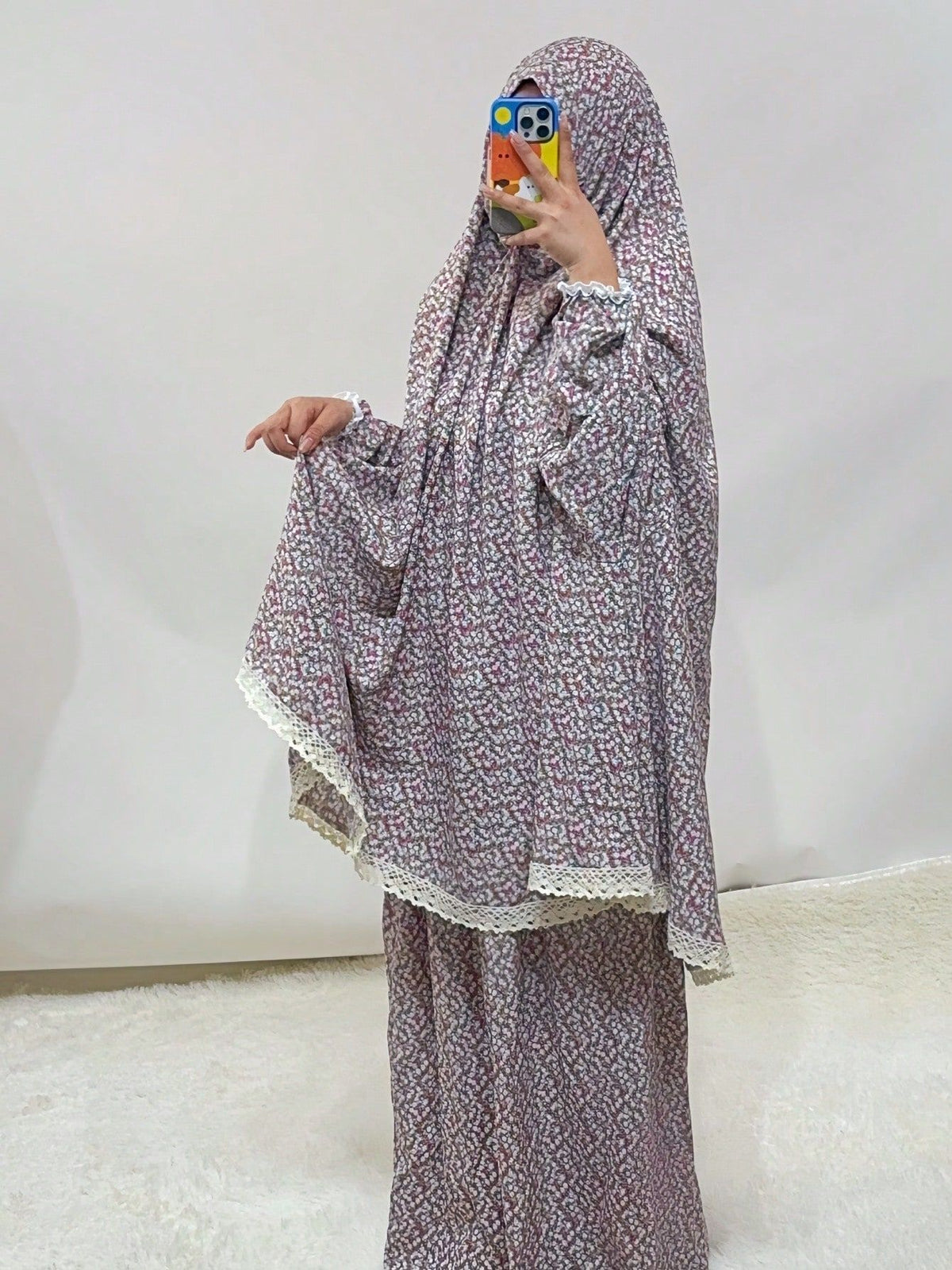 YT81  Floral Print Polyester Hijab & Abaya Prayer Set