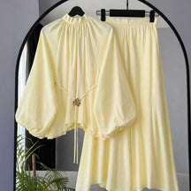 L6283  Puff Long Sleeve Tie Waist Slimming Top and Wide Leg Culotte Pants Two Piece Set