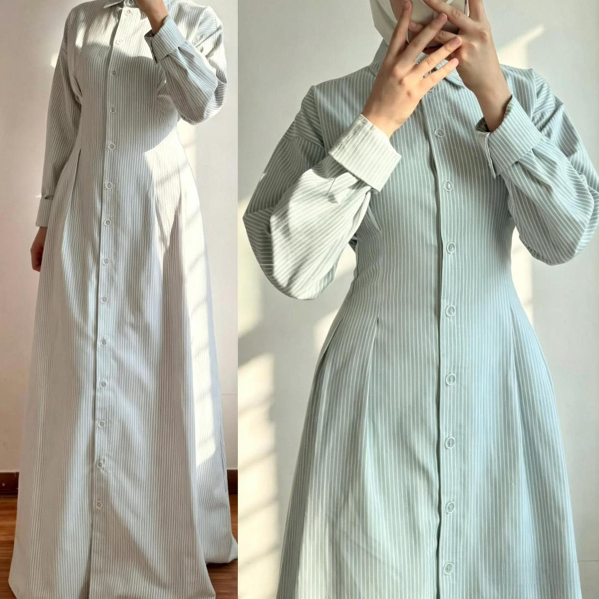 B2633  Striped Single-Breasted Long Sleeve Cinch Waist Shirt Dress Abaya