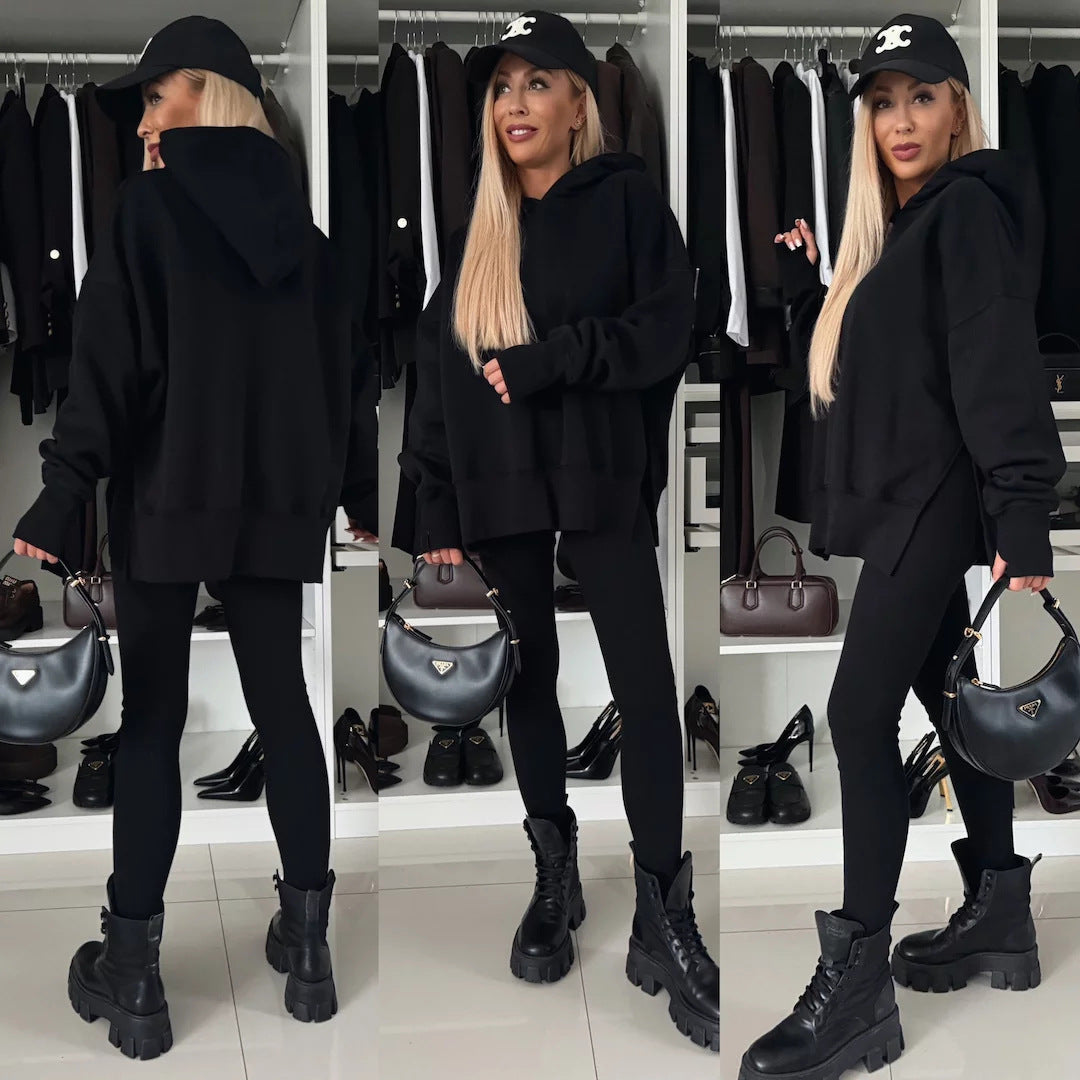 M80070  Women's Plain Printed Hooded Sweatsuit Autumn Winter Set