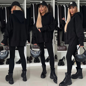 M80070  Women's Plain Printed Hooded Sweatsuit Autumn Winter Set