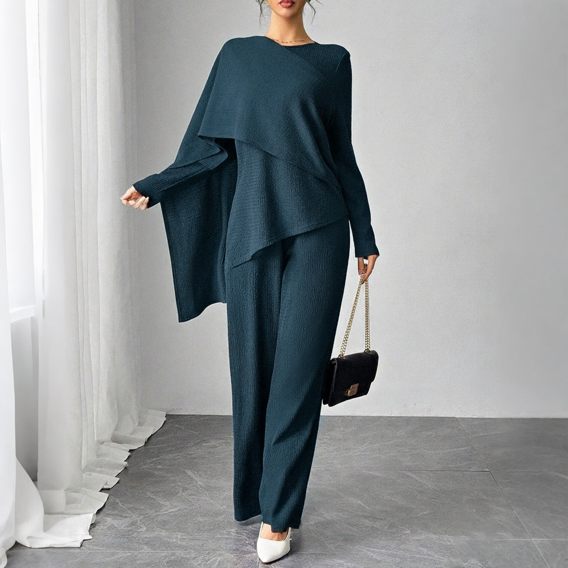 SY013  Elegant Casual Polyester Top + Wide-Leg Pants Set