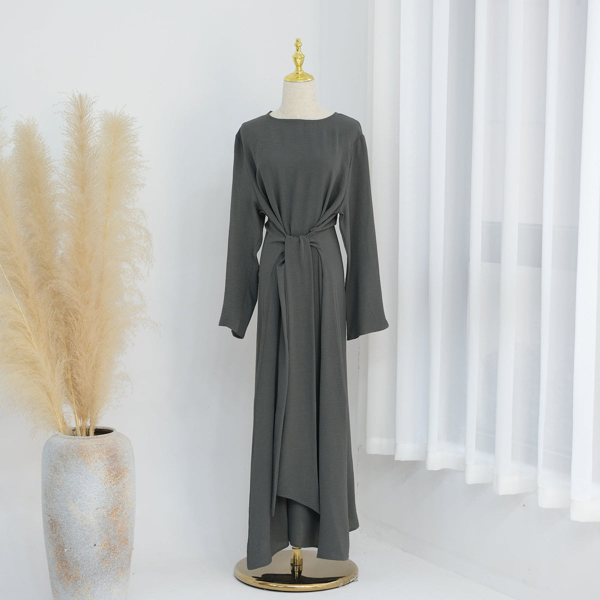LR822  Plus Size Slimming Elegant Long Sleeve Viscose Dress with Waist Tie