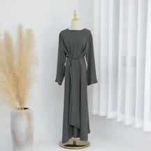 LR822  Plus Size Slimming Elegant Long Sleeve Viscose Dress with Waist Tie