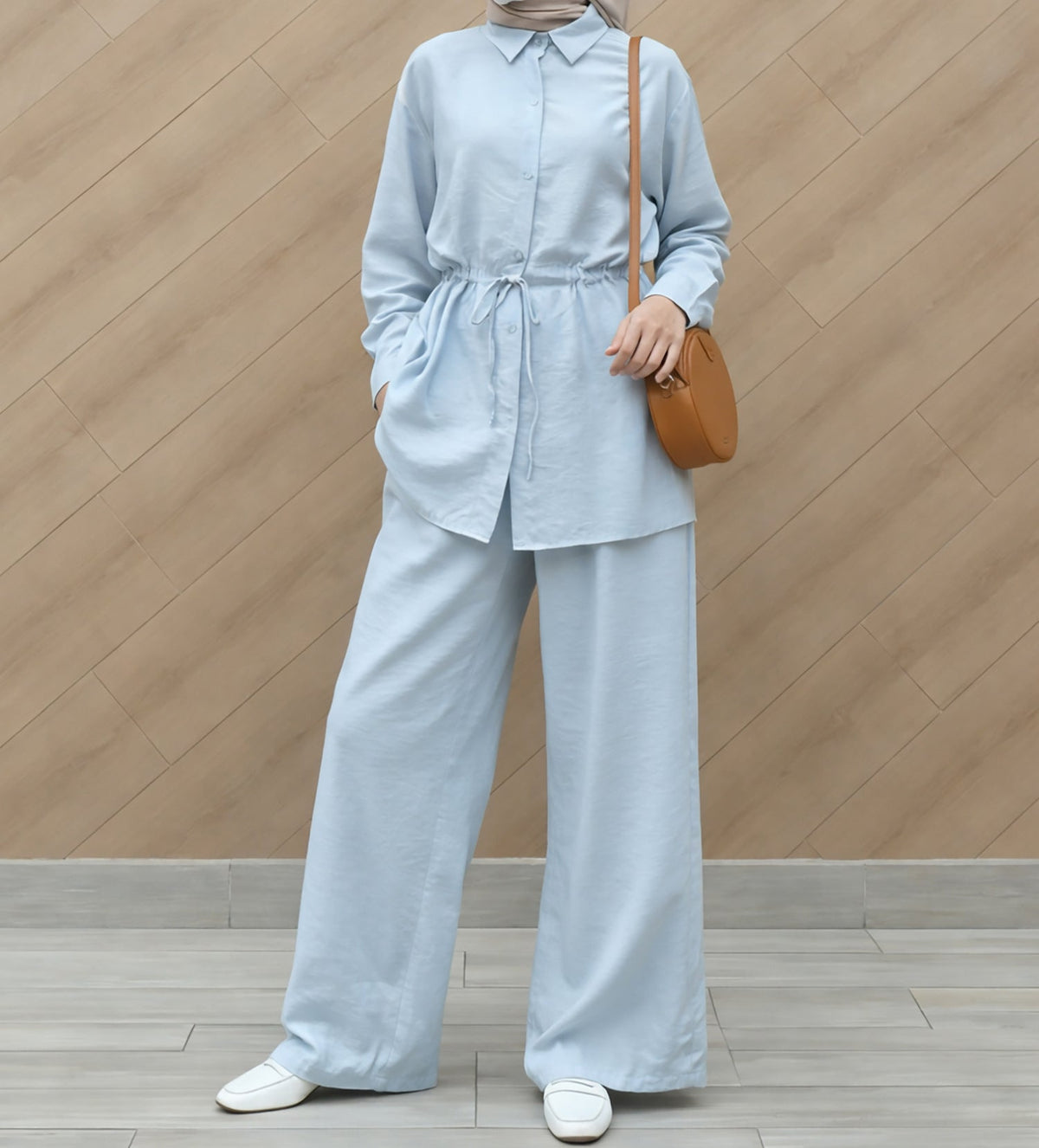 M369  Solid Color Fashion Long Sleeve Shirt and Wide Leg Pants Two Piece Set
