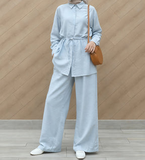 M369  Solid Color Fashion Long Sleeve Shirt and Wide Leg Pants Two Piece Set