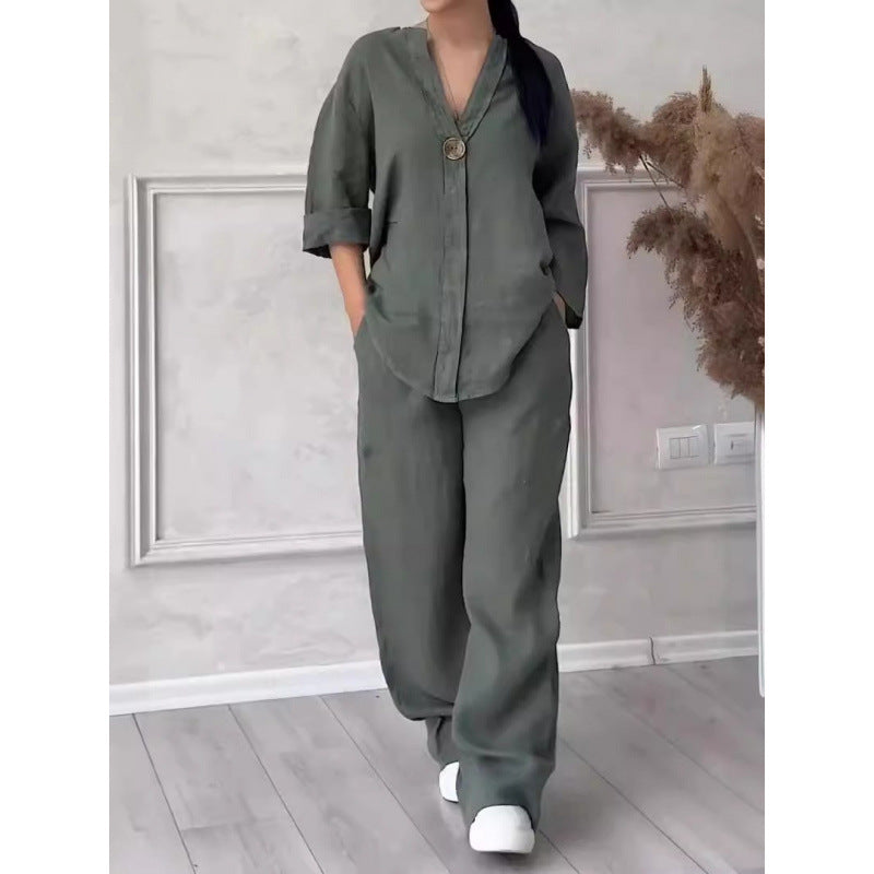 8605  Women's Comfortable Loose Top & Wide-Leg Pants Cotton Linen Set