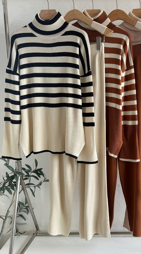 Striped Jersey Loose High Neck Sweater 2-Piece Set