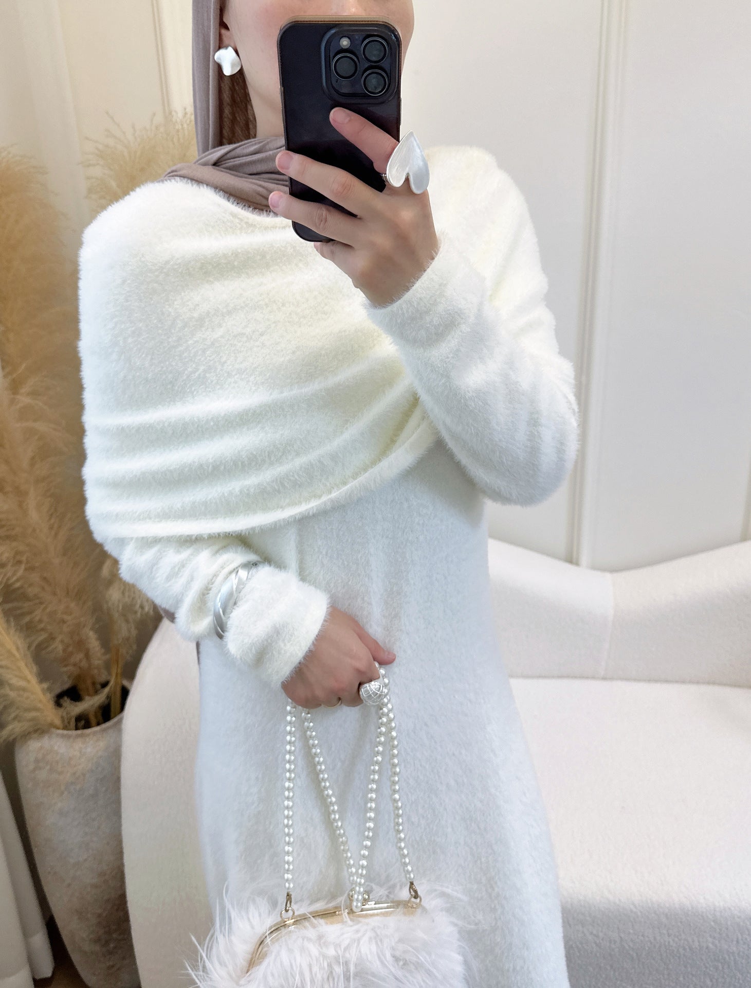 LR1085  2-Piece Plain Slim Fit Sweater Set with Shawl