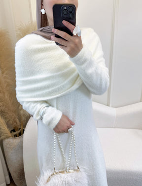 LR1085  2-Piece Plain Slim Fit Sweater Set with Shawl