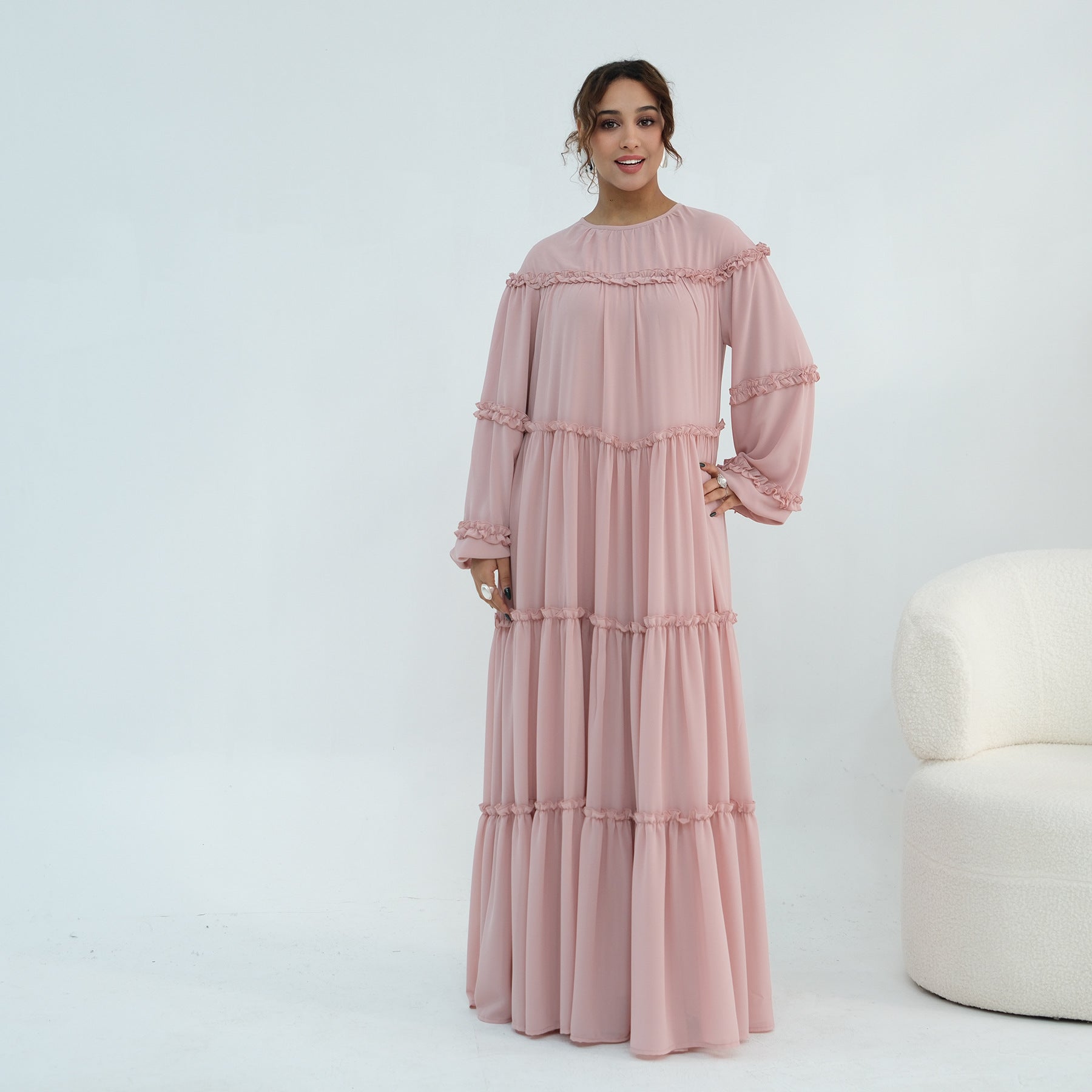 LR1161  Long Sleeve Tiered Ruffle Double Layer Dress