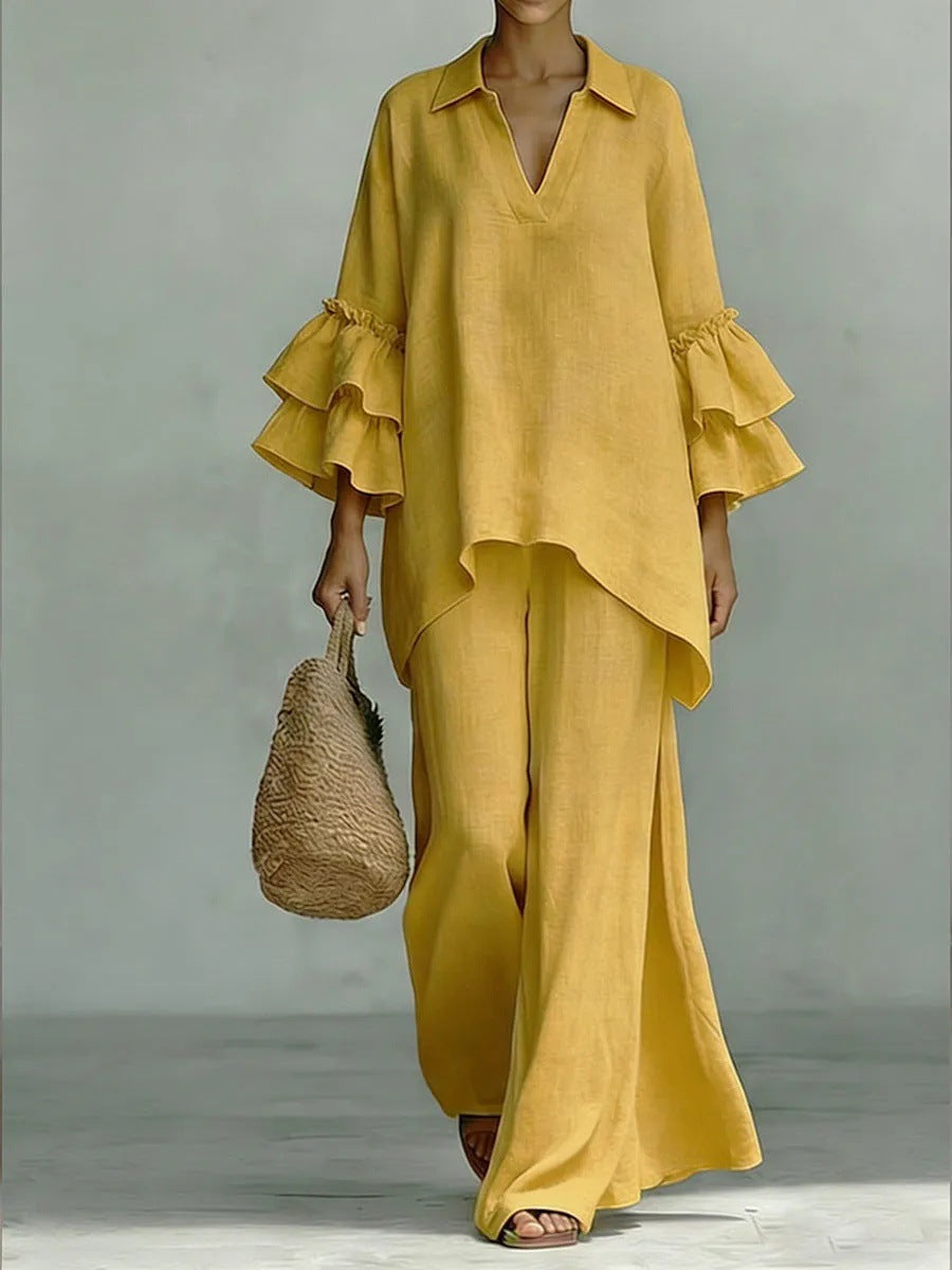 8152  Women Casual Plain Shirt Collar Loose Pants Two Piece Set