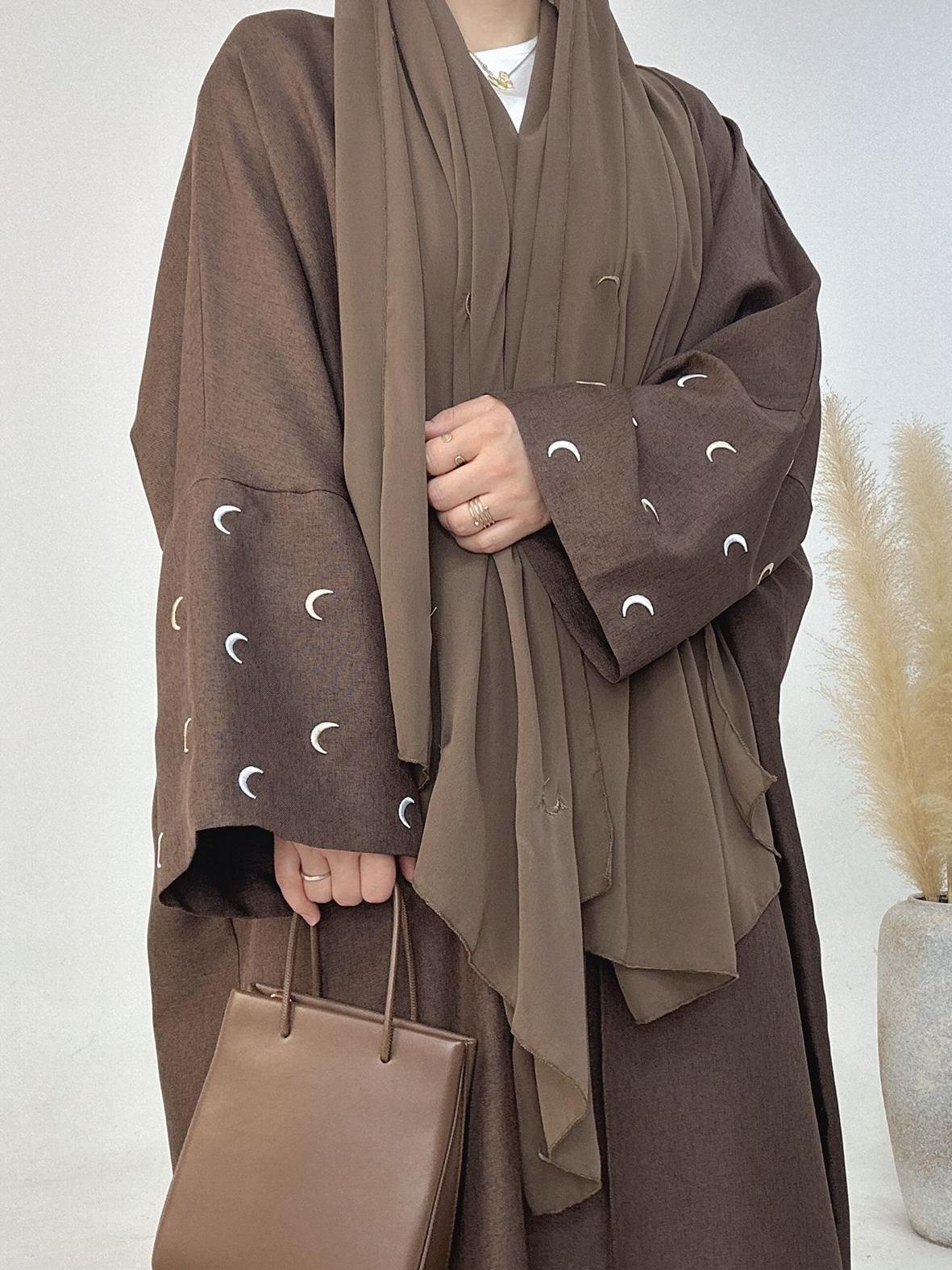 YLCX  Plain elegant long dress – cardigan style, moon embroidery