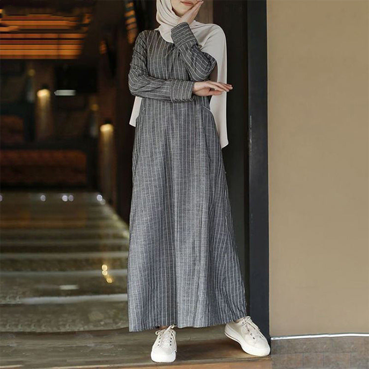 2020915  Women's Retro Stripe Cotton Linen A-Line Dress for Autumn